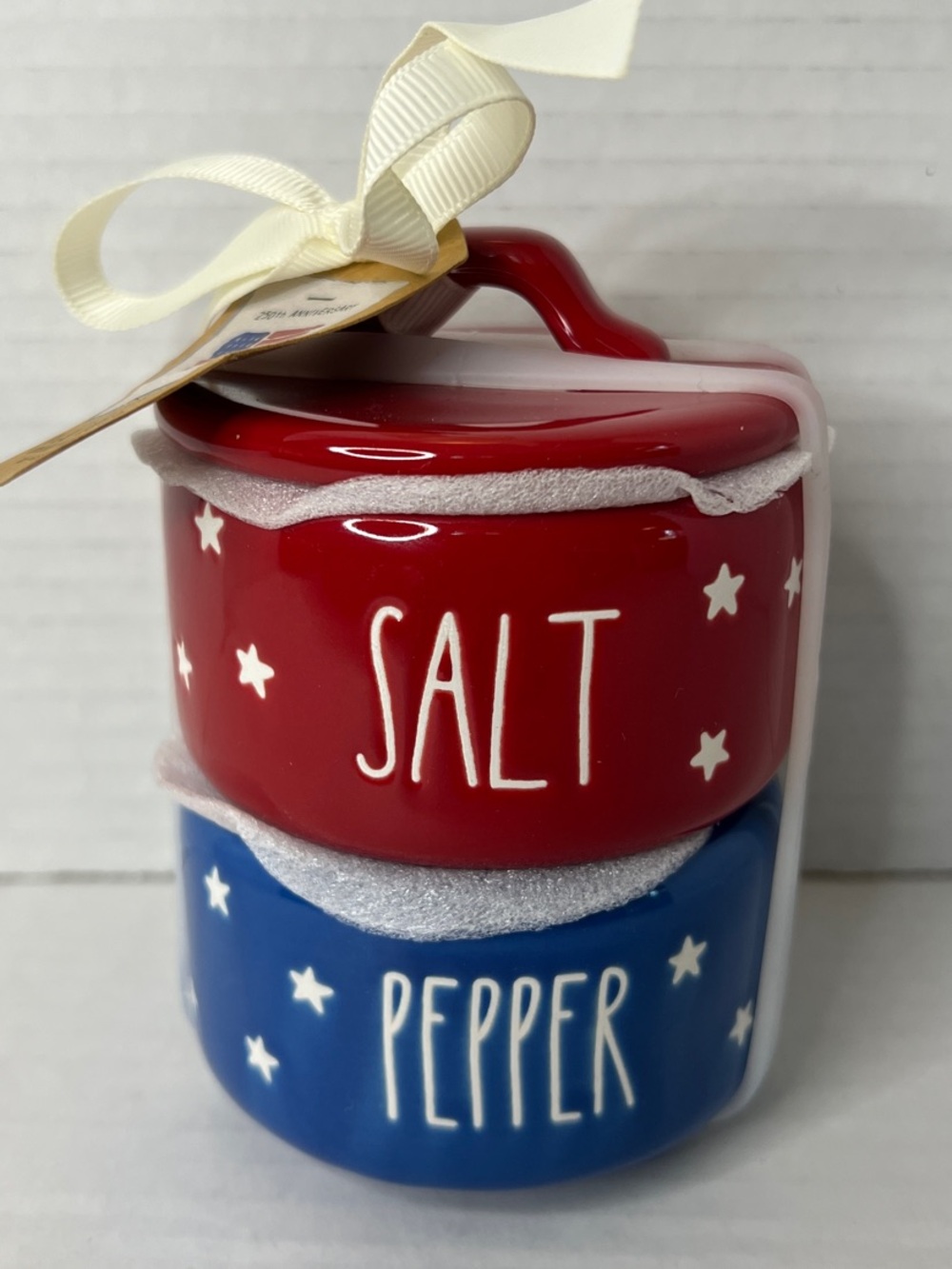 Rae Dunn Patriotic Red White Blue Star Salt Pepper Stackable Ceramic Set New